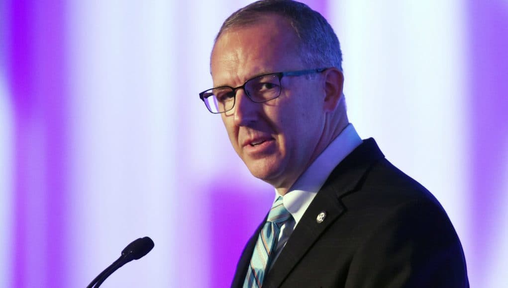 Jul 13, 2015; Hoover, AL, USA; SEC commissioner Greg Sankey talks to the media during SEC media days at the Wynfrey Hotel. Mandatory Credit: Kelly Lambert-USA TODAY Sports