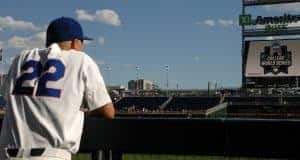 University of Florida catcher JJ Schwarz watches TCU take infield before the Gators and Frogs play in the College World Series- Florida Gators baseball- 1280x850