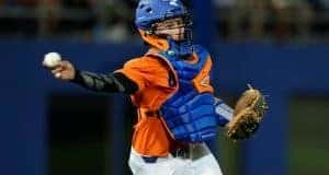 University of Florida catcher Mark Kolozsvary fires a baseball to first against South Carolina- Florida Gators baseball- 1280x852