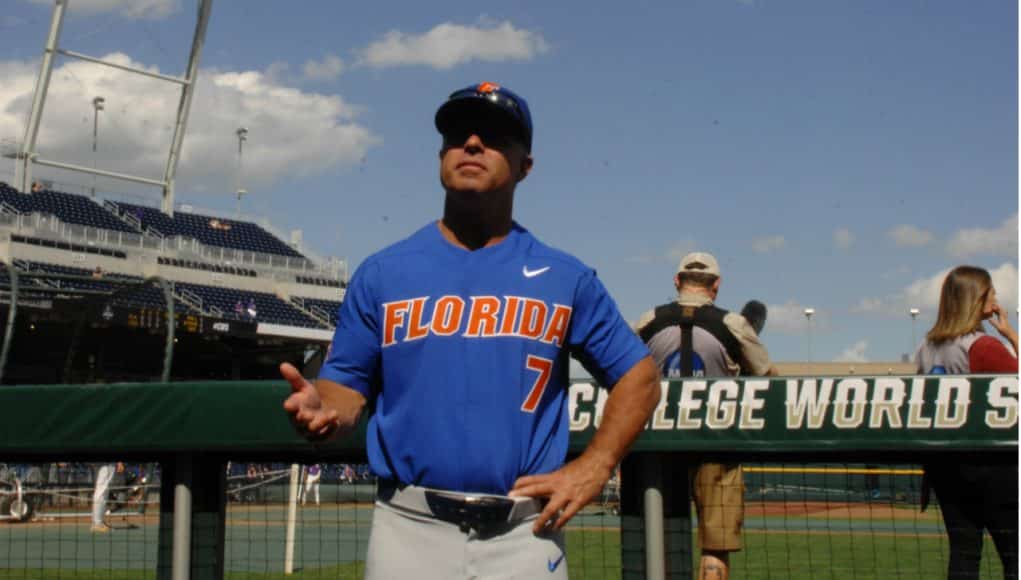 University of Florida head coach Kevin O’Sullivan talks with fans before the Florida Gators first game against LSU in the CWS Finals- Florida Gators baseball- 1280x885