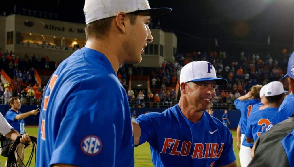 University of Florida manager Kevin O’Sullivan and junior pitcher Alex Faedo celebrate winning the Gainesville Super Regional over Wake Forest- Florida Gators baseball- 1280x852