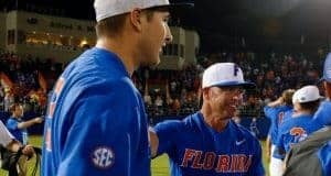 University of Florida manager Kevin O’Sullivan and junior pitcher Alex Faedo celebrate winning the Gainesville Super Regional over Wake Forest- Florida Gators baseball- 1280x852