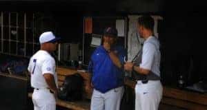 University of Florida manager Kevin O’Sullivan meets with volunteer assistant Lars Davis and assistant coach Craig Bell before the Florida Gators game against TCU- Florida Gators baseball- 1280x850