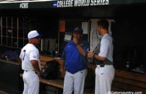 University of Florida manager Kevin O’Sullivan meets with volunteer assistant Lars Davis and assistant coach Craig Bell before the Florida Gators game against TCU- Florida Gators baseball- 1280x850