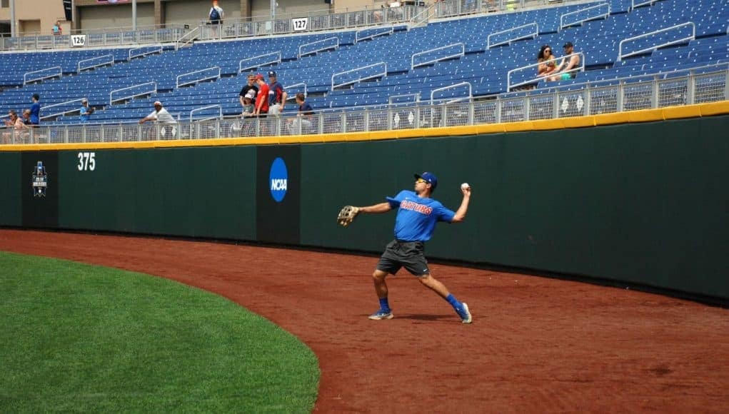 University of Florida outfielder/pitcher Nick Horvath throws a ball into the infield during practice in Omaha- Florida Gators baseball- 1280x850