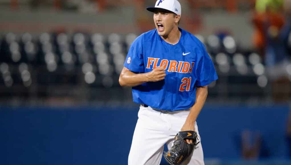 University of Florida pitcher Alex Faedo reacts after closing out a 3-0 win over Wake Forest to send the Florida Gators to the College World Series- Florida Gators baseball- 1280x852