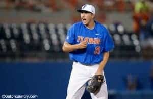University of Florida pitcher Alex Faedo reacts after closing out a 3-0 win over Wake Forest to send the Florida Gators to the College World Series- Florida Gators baseball- 1280x852