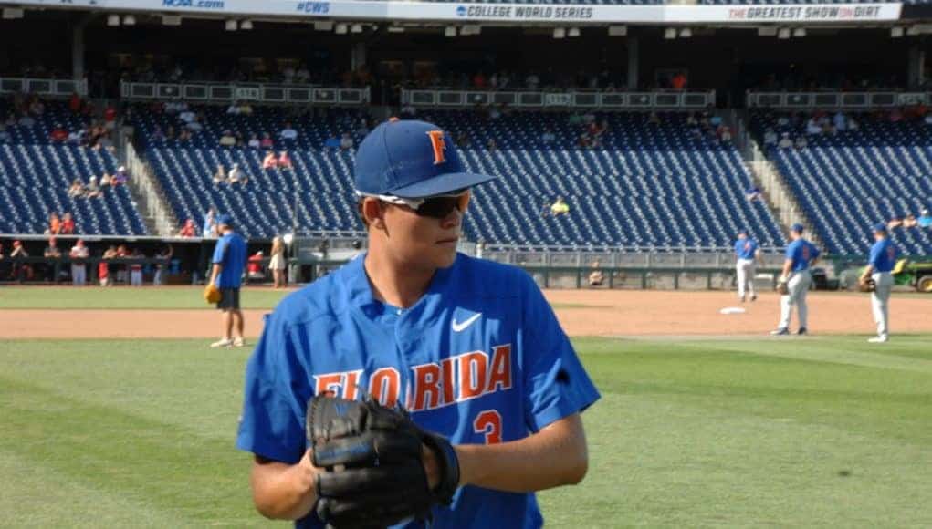 University of Florida pitcher Garrett Milchin warms up before the Florida Gators CWS game against the Louisville Cardinals- Florida Gators baseball- 1280x850