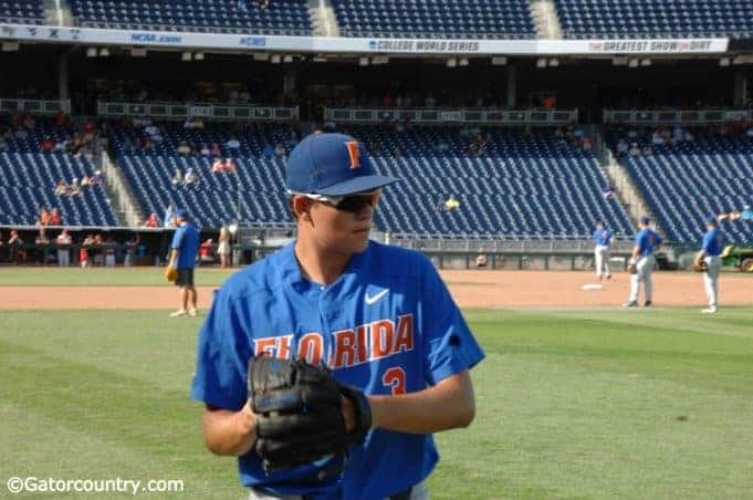 University of Florida pitcher Garrett Milchin warms up before the Florida Gators CWS game against the Louisville Cardinals- Florida Gators baseball- 1280x850