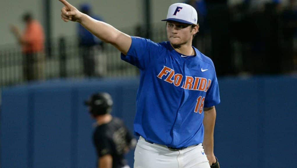 University of Florida pitcher Tyler Dyson walks off the mound during a career performance in a 3-0 win over Wake Forest- Florida Gators baseball- 1280x851