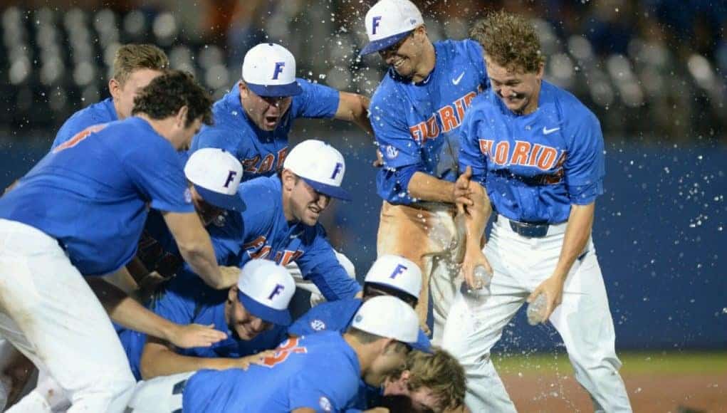 University of Florida players celebrate a 3-0 win over Wake Forest to earn a trip to Omaha for the College World Series- Florida Gators baseball- 1280x852