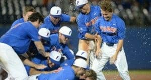 University of Florida players celebrate a 3-0 win over Wake Forest to earn a trip to Omaha for the College World Series- Florida Gators baseball- 1280x852