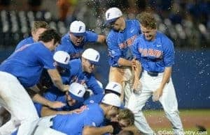 University of Florida players celebrate a 3-0 win over Wake Forest to earn a trip to Omaha for the College World Series- Florida Gators baseball- 1280x852