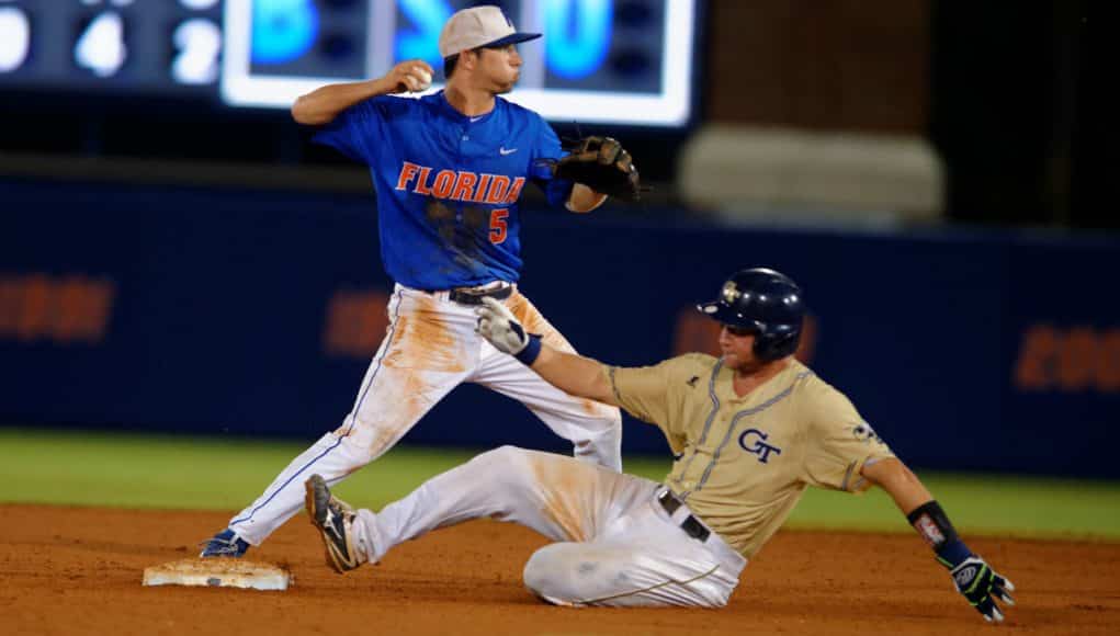 University of Florida shortstop Dalton Guthrie turns two in a Regional win over Georgia Tech in 2016- Florida Gators baseball- 1280x852