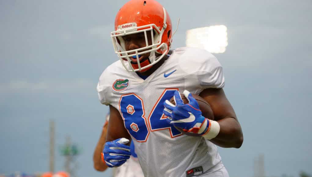 University of Florida tight end Camrin Knight goes through a practice during spring football camp in 2016- Florida Gators football- 1280x852