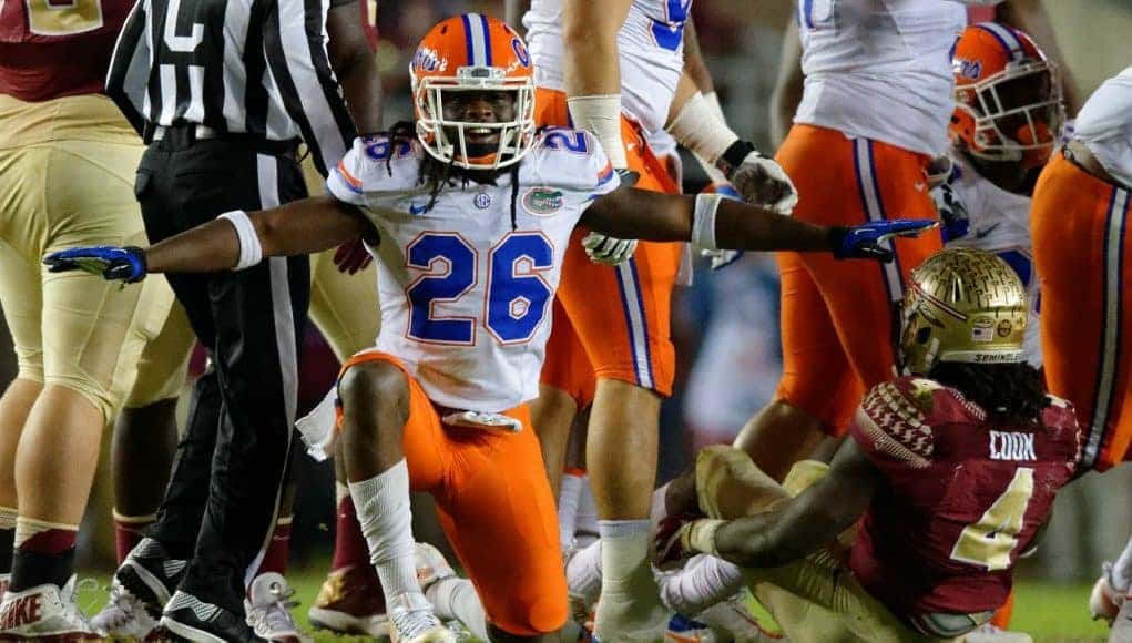 University of Florida safety Marcell Harris celebrates a tackle of FSU running back Dalvin Cook- Florida Gators football- 1280x852