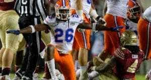 University of Florida safety Marcell Harris celebrates a tackle of FSU running back Dalvin Cook- Florida Gators football- 1280x852