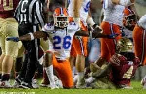 University of Florida safety Marcell Harris celebrates a tackle of FSU running back Dalvin Cook- Florida Gators football- 1280x852