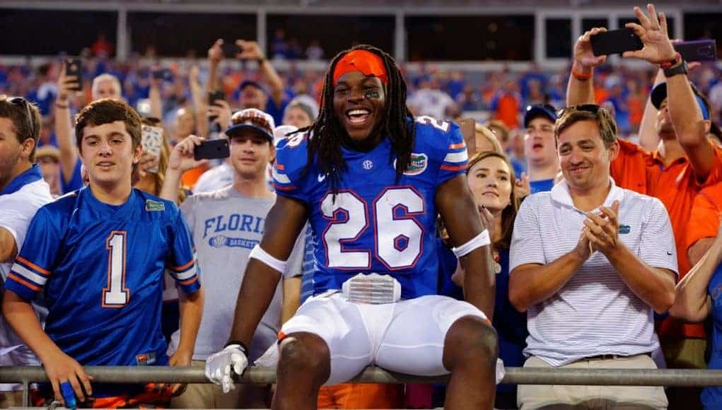 University of Florida safety Marcell Harris celebrates with fans after the Florida Gators 2016 win over the Georgia Bulldogs- Florida Gators football- 1280x852