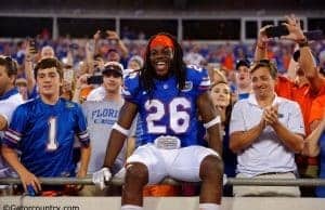 University of Florida safety Marcell Harris celebrates with fans after the Florida Gators 2016 win over the Georgia Bulldogs- Florida Gators football- 1280x852