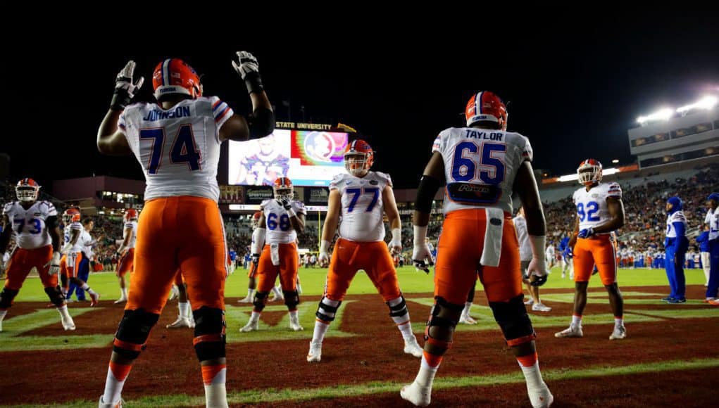 The Florida Gators offensive line warms up before their 2016 matchup against the Florida State Seminoles in Tallahassee- Florida Gators football-1280x854