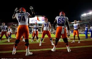 The Florida Gators offensive line warms up before their 2016 matchup against the Florida State Seminoles in Tallahassee- Florida Gators football-1280x854