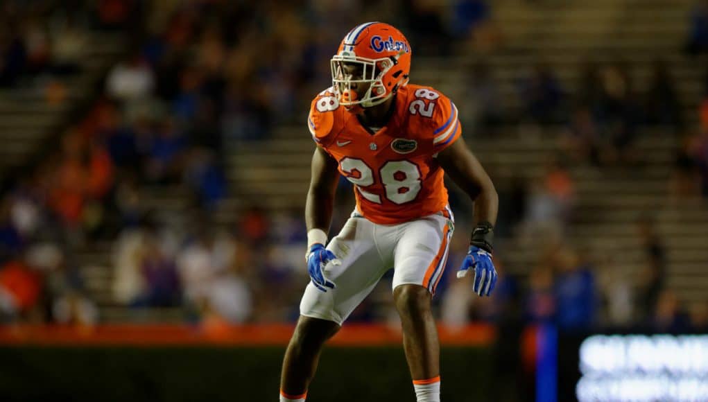 University of Florida linebacker Kylan Johnson playing defense during the 2017 Orange and Blue Debut- Florida Gators football- 1280x852