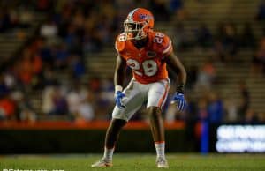 University of Florida linebacker Kylan Johnson playing defense during the 2017 Orange and Blue Debut- Florida Gators football- 1280x852