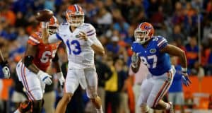 University of Florida quarterback Feleipe Franks scrambles and throws a pass during the Orange and Blue Debut- Florida Gators football- 1280x852