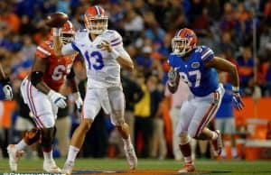 University of Florida quarterback Feleipe Franks scrambles and throws a pass during the Orange and Blue Debut- Florida Gators football- 1280x852