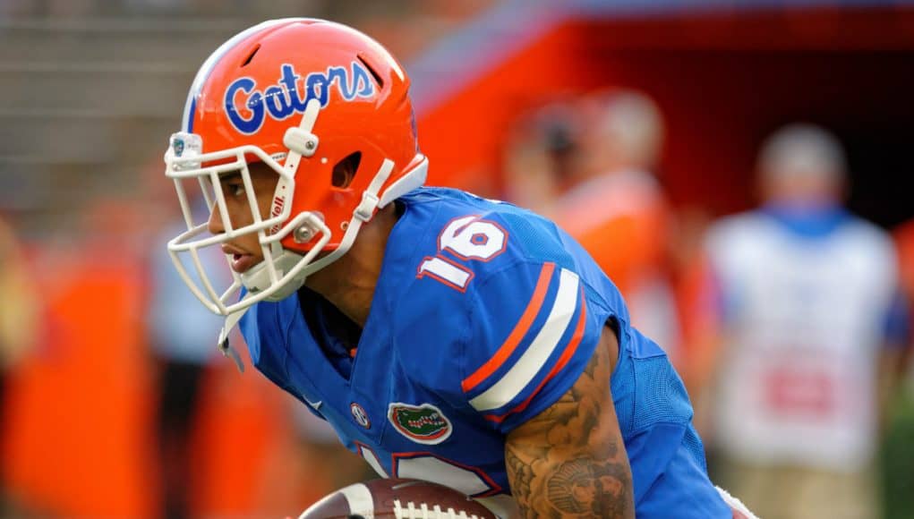 University of Florida receiver Freddie Swain sprints up field during pre-game warmups before playing North Texas- Florida Gators football- 1280x852