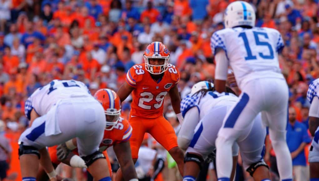 University of Florida safety Jeawon Taylor lines up on defense during a win over the Kentucky Wildcats in 2016- Florida Gators football- 1280x852