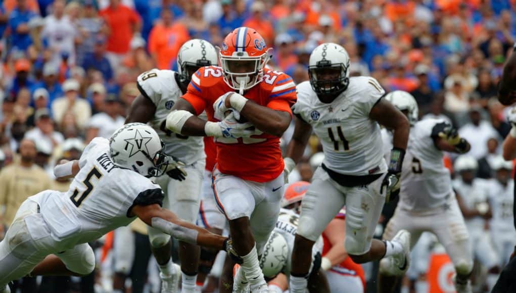 Florida Gators running back Lamical Perine runs against Vanderbilt- 1280x852