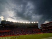 Rain clouds move over Ben Hill Griffin Stadium and eventually force a rainout of the Florida Gators game against the Idaho Vandals in 2014- Florida Gators football- 1280x852