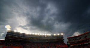 Rain clouds move over Ben Hill Griffin Stadium and eventually force a rainout of the Florida Gators game against the Idaho Vandals in 2014- Florida Gators football- 1280x852