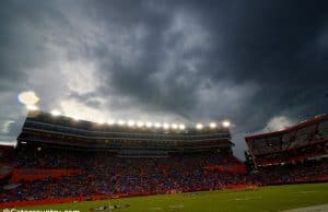 Rain clouds move over Ben Hill Griffin Stadium and eventually force a rainout of the Florida Gators game against the Idaho Vandals in 2014- Florida Gators football- 1280x852