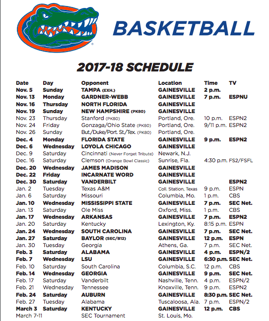 Florida Gators basketball schedule for 2017-18