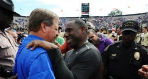 Oct 1, 2016; Nashville, TN, USA; Florida Gators head coach Jim McElwain and Vanderbilt Commodores head coach Derek Mason after a Florida win at Vanderbilt Stadium. Florida won 13-6. Mandatory Credit: Christopher Hanewinckel-USA TODAY Sports