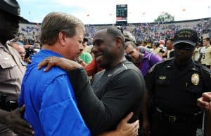 Oct 1, 2016; Nashville, TN, USA; Florida Gators head coach Jim McElwain and Vanderbilt Commodores head coach Derek Mason after a Florida win at Vanderbilt Stadium. Florida won 13-6. Mandatory Credit: Christopher Hanewinckel-USA TODAY Sports
