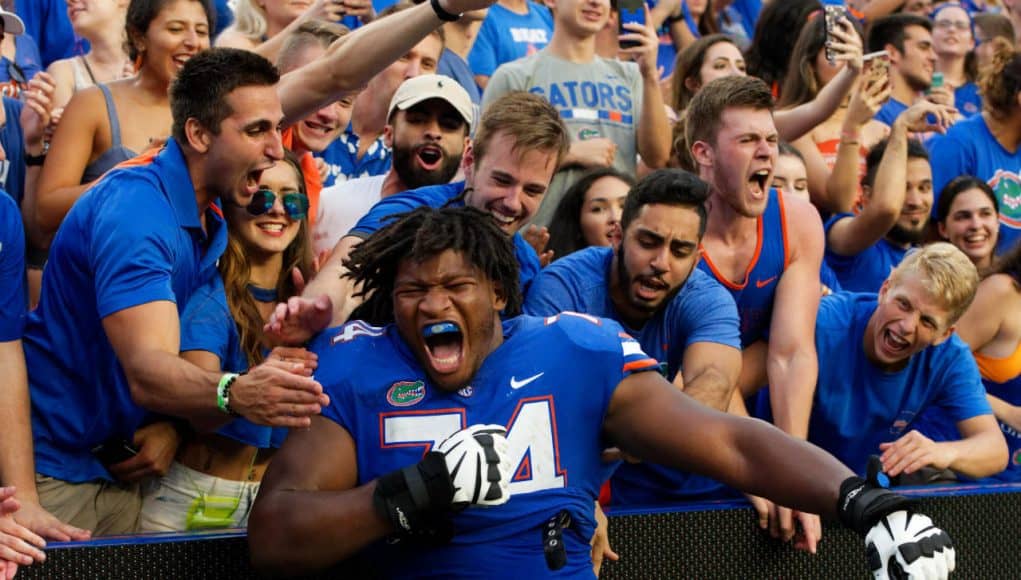 University of Florida offensive lineman Fred Johnson celebrates after the Florida Gators 26-20 win over Tennessee- Florida Gators football- 1280x854
