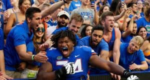 University of Florida offensive lineman Fred Johnson celebrates after the Florida Gators 26-20 win over Tennessee- Florida Gators football- 1280x854