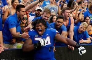 University of Florida offensive lineman Fred Johnson celebrates after the Florida Gators 26-20 win over Tennessee- Florida Gators football- 1280x854