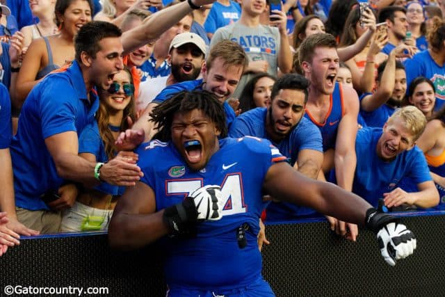University of Florida offensive lineman Fred Johnson celebrates after the Florida Gators 26-20 win over Tennessee- Florida Gators football- 1280x854