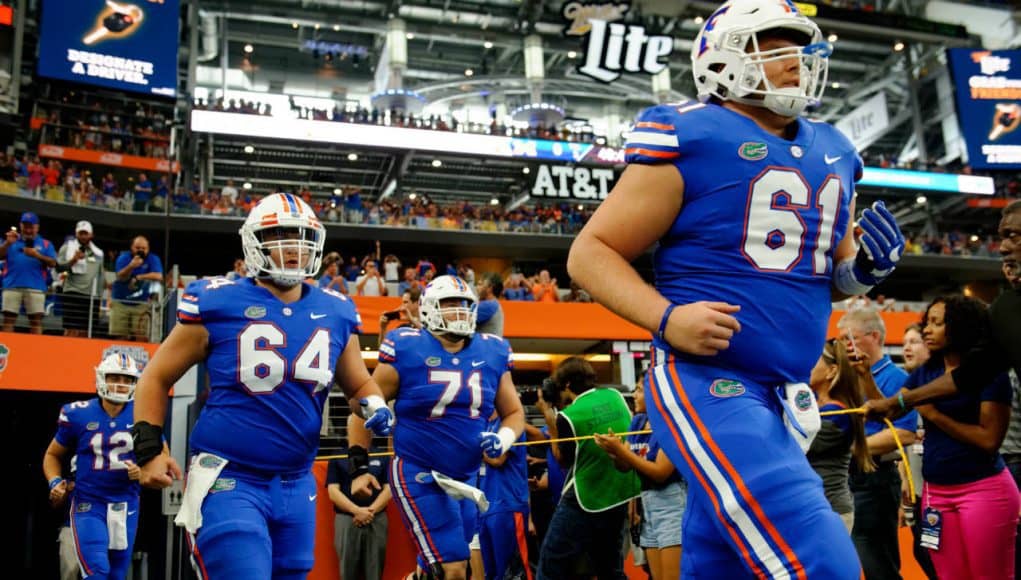 University of Florida offensive linemen take the field before the Florida Gators game against the Michigan Wolverines- Florida Gators football- 1280x852