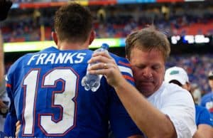 University of Florida quarterback Feleipe Franks and Jim McElwain embrace after the Florida Gators 26-20 win over Tennessee- Florida Gators football- 1280x852