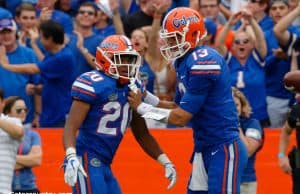 University of Florida quarterback Feleipe Franks tries to calm down Malik Davis after Davis fumbled on the goal line- Florida Gators football- 1280x852