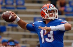 University of Florida quarterback Feleipe Franks warming up before the Florida Gators game against Tennessee- Florida Gators football- 1820x852