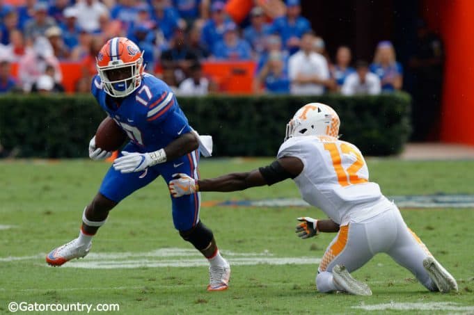 University of Florida receiver Kadarius Toney makes Tennessee defensive back Emmanuel Moseley miss in the open field- Florida Gators football- 1280x852