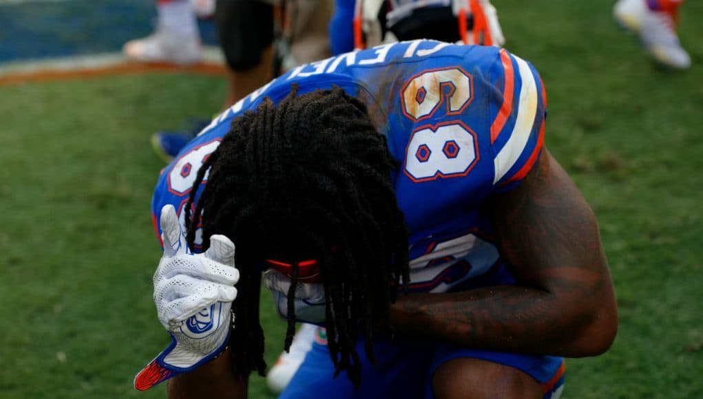 University of Florida receiver Tyrie Cleveland celebrates after his 63-yard touchdown catch to beat the Tennessee Volunteers- Florida Gators football- 1280x854