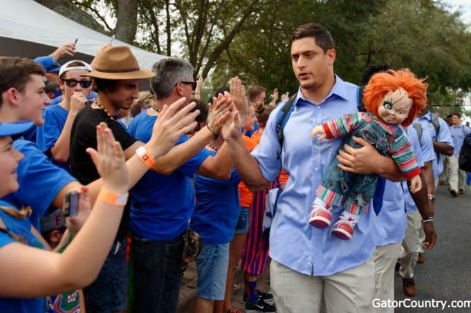 Florida Gators DE Jordan Sherit walks in with the chucky doll vs LSU- 1280x852